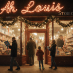Shoppers browse the Ah Louis Store windows with twinkling holiday lights and warm golden lighting in San Luis Obispo