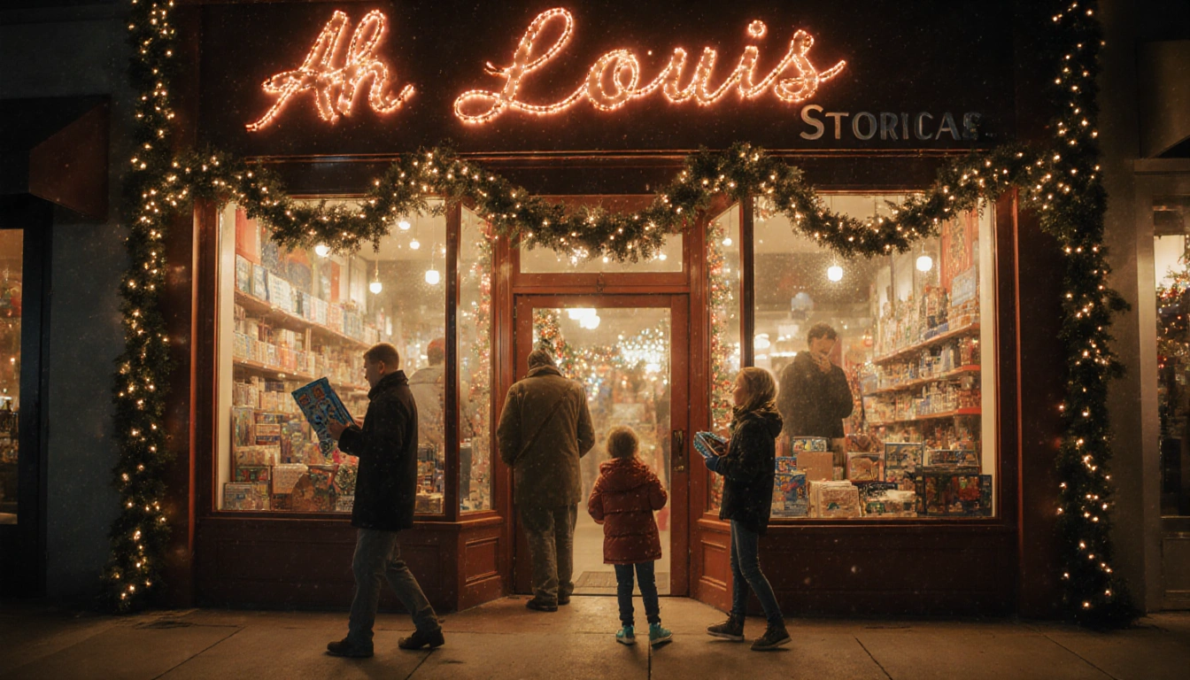Shoppers browse the Ah Louis Store windows with twinkling holiday lights and warm golden lighting in San Luis Obispo