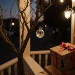 Vintage glass ornament hanging crookedly from bare Christmas tree on San Pedro porch with string lights and a torn gift box