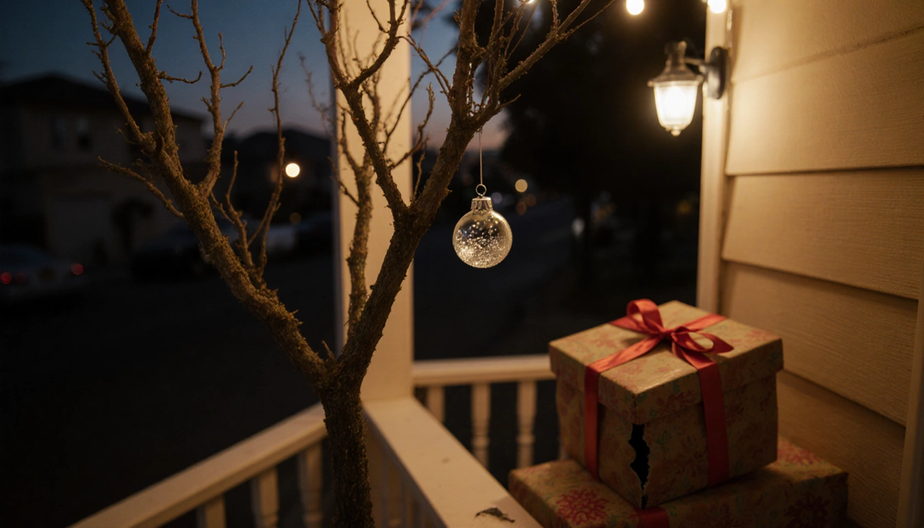 Vintage glass ornament hanging crookedly from bare Christmas tree on San Pedro porch with string lights and a torn gift box