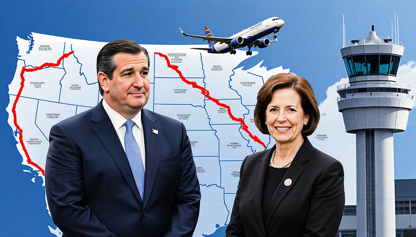 Ted Cruz and Maria Cantwell stand beside a map of Reagan National Airport while an aircraft takes off behind them.
