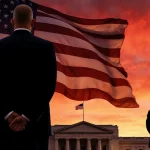 Senator Mark Kelly stands behind an American flag with a sunset sky and a military officer silhouette near a Pentagon silhoue