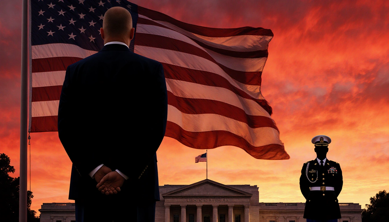 Senator Mark Kelly stands behind an American flag with a sunset sky and a military officer silhouette near a Pentagon silhoue