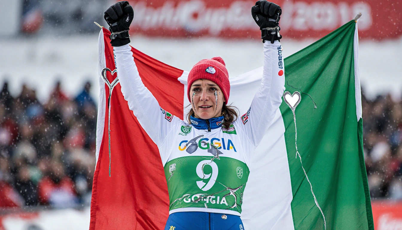 Sofia Goggia raising her arms in triumph on a World Cup podium with tears streaming and an Italian flag behind her
