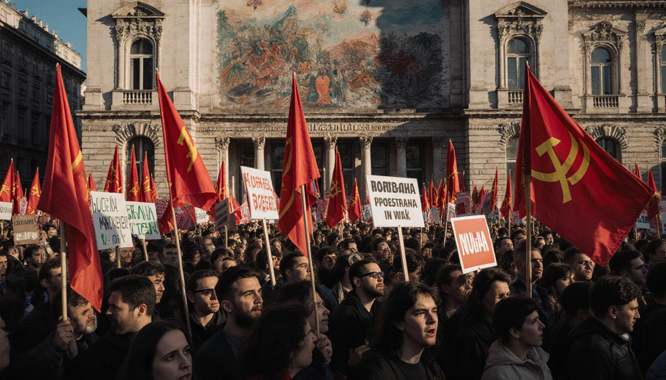 Protesters chanting with signs and banners beside a grand building with a faded communist mural surrounded by red flags