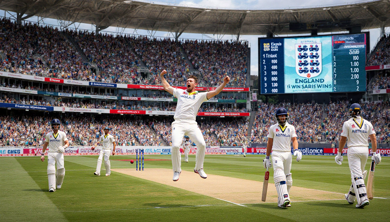 Mitchell Starc bowling mid-action with record-breaking stadium and scoreboard showing England's 3-0 win