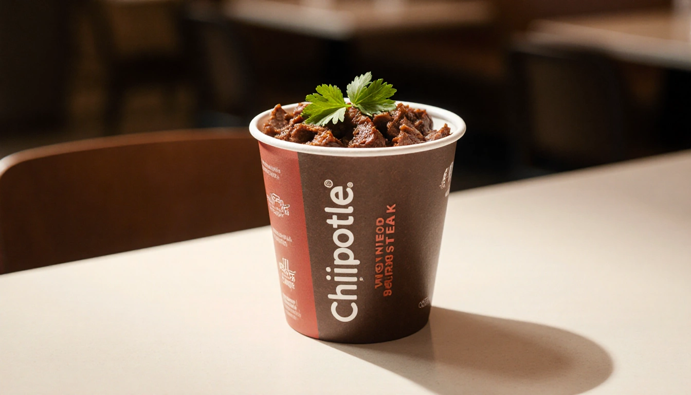 Steak sits in a Chipotle cup with fresh cilantro and soft warm light on a minimalist table