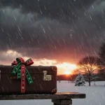 Lone suitcase with festive ribbon sits on worn bench with stormy sky and orange sunset glow