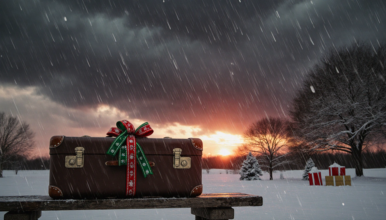 Lone suitcase with festive ribbon sits on worn bench with stormy sky and orange sunset glow