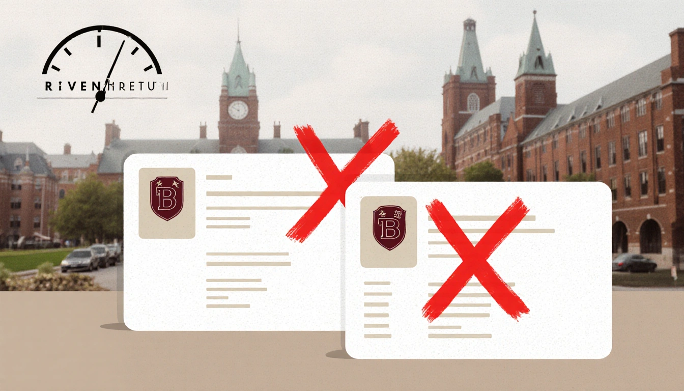 Two student identity cards with red Xs and a clock showing 7 p.m. EST with Brown University logo and blurred campus backgroun