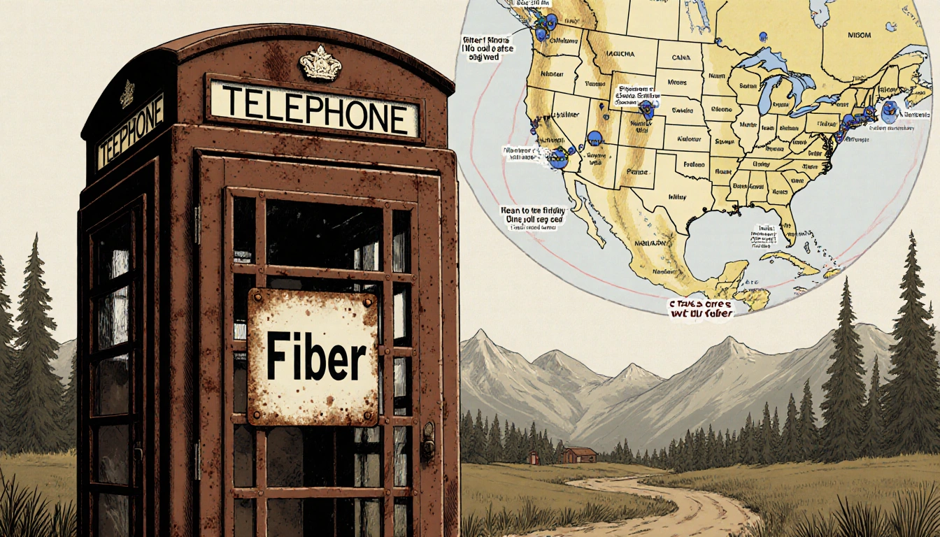 Old wooden telephone booth stands with rusty metal exterior and a sign reading Fiber and a faint map showing circled camps.