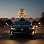 Tesla Robotaxi cruising down Austin street at dusk with Capitol tower in background and warm LED glow