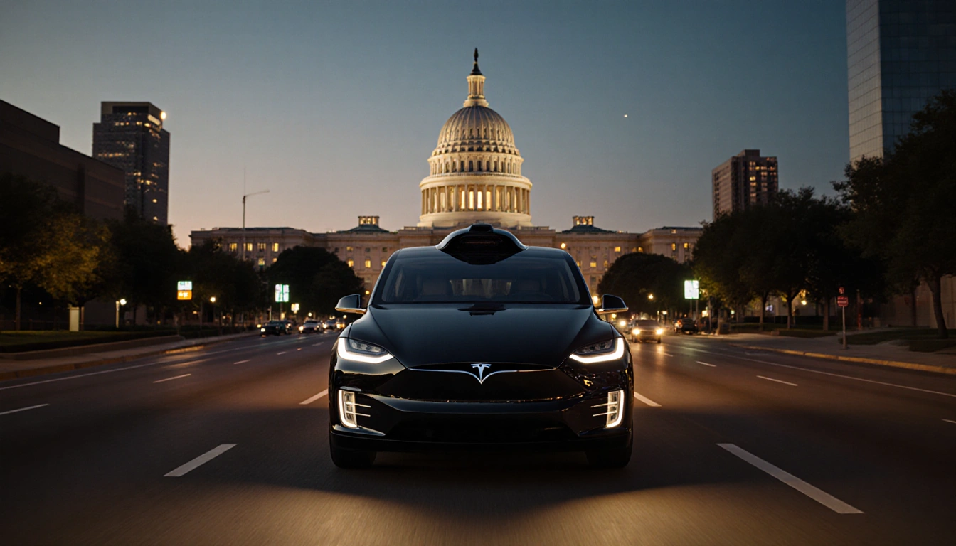 Tesla Robotaxi cruising down Austin street at dusk with Capitol tower in background and warm LED glow