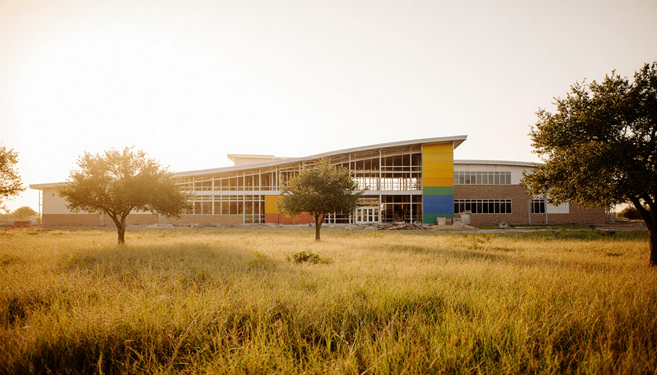 Field expands with mature trees and a modern school under construction bathed in warm sunlight.