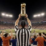 Referee raises Texas championship trophy with packed football grandstands of orange and blue fans and warm stadium lights