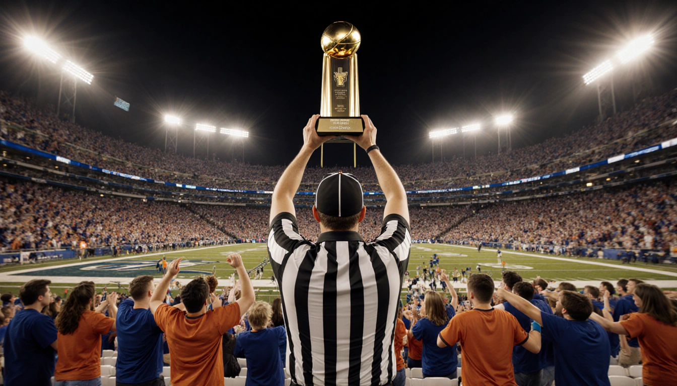 Referee raises Texas championship trophy with packed football grandstands of orange and blue fans and warm stadium lights
