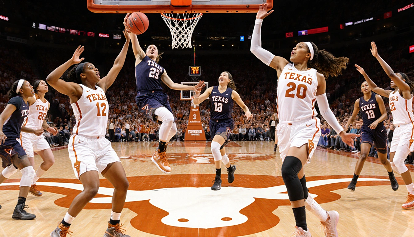 Kyla Oldacre leaps for a slam dunk with Madison Booker high‑fives and the Texas Longhorns logo glowing above.