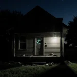 Shattered windowpane cracks revealing scattered debris with police lights illuminating a lone porch at night