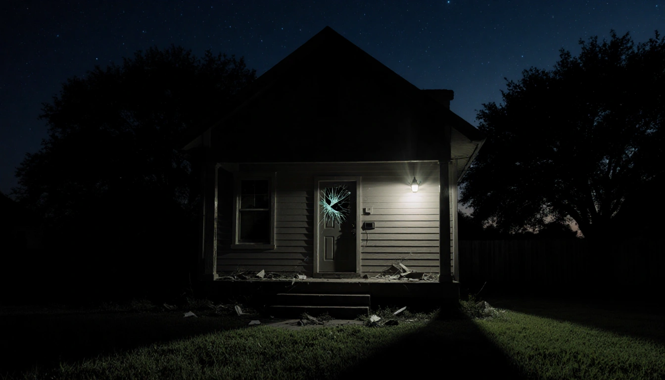 Shattered windowpane cracks revealing scattered debris with police lights illuminating a lone porch at night