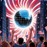 Crystal ball descending over Times Square with cheering crowds holding American flags against a red white and blue sky.