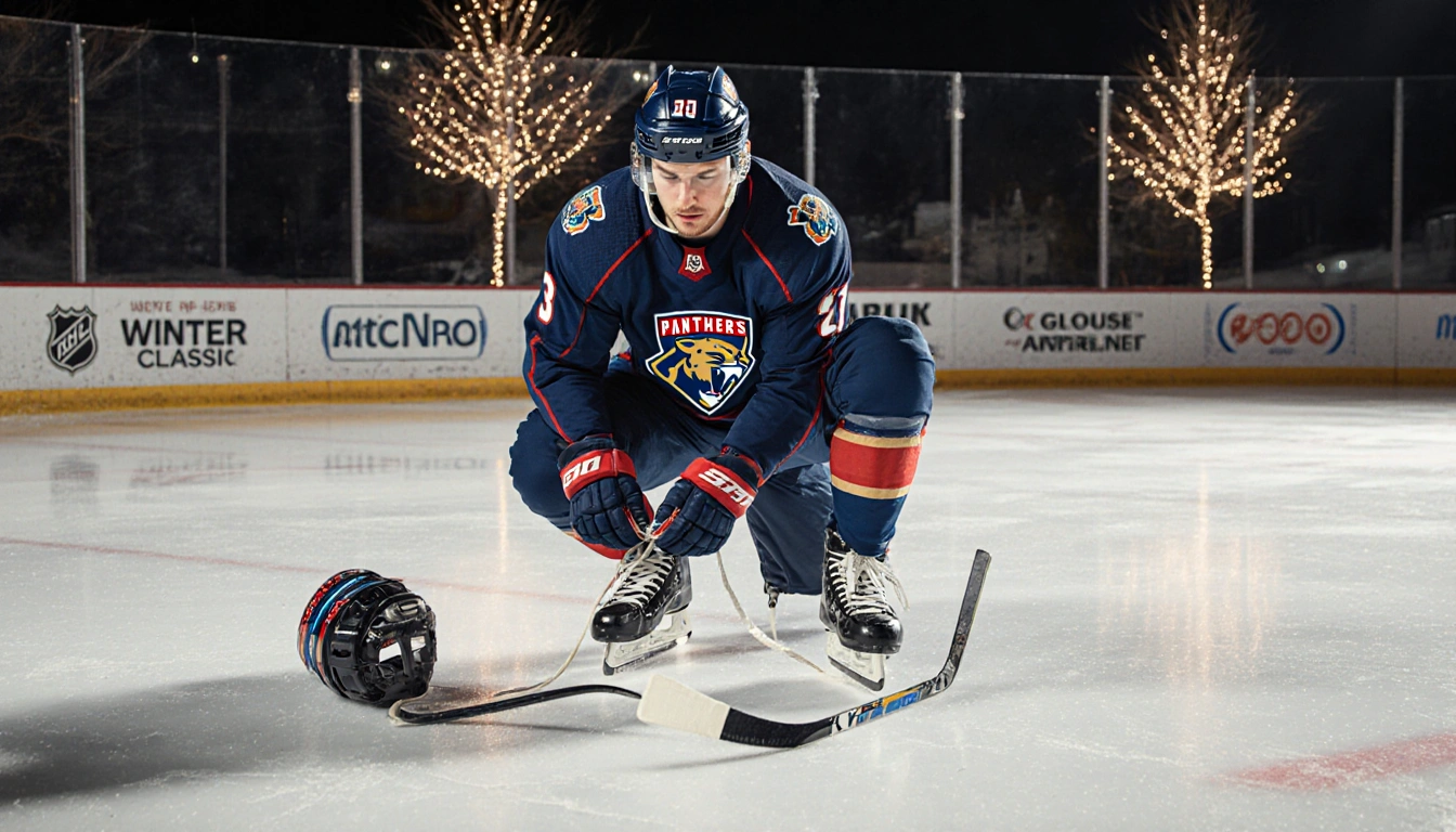 Matthew Tkachuk lacing up his Panthers hockey skates with focused expression and Winter Classic lights.