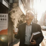Middle-aged man walking in Tokyo dawn streets with steaming coffee and Japanese language poster