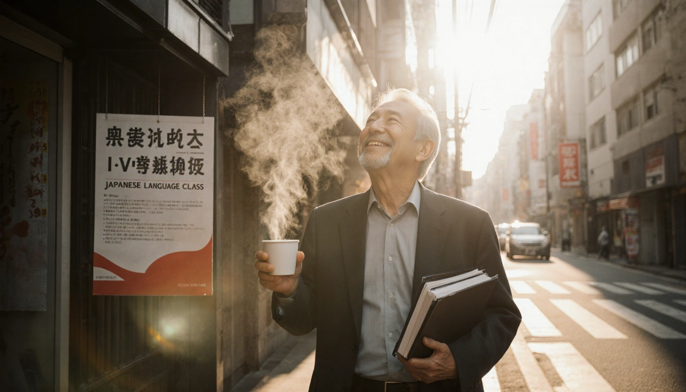 Middle-aged man walking in Tokyo dawn streets with steaming coffee and Japanese language poster