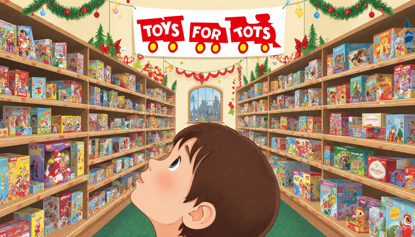 Child looks up at shelves of toys with holiday decorations and a Toys for Tots banner