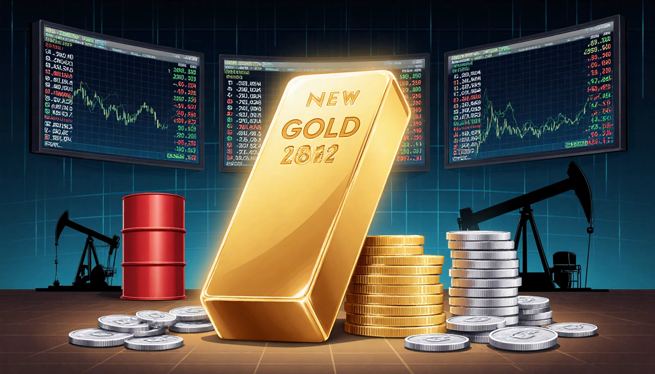 Gold bar shines with glow on trading floor with screens showing market data and oil prices