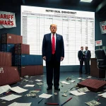 President Trump standing on trading floor with scattered papers while tariff banners hang and a trade deal spreadsheet looms