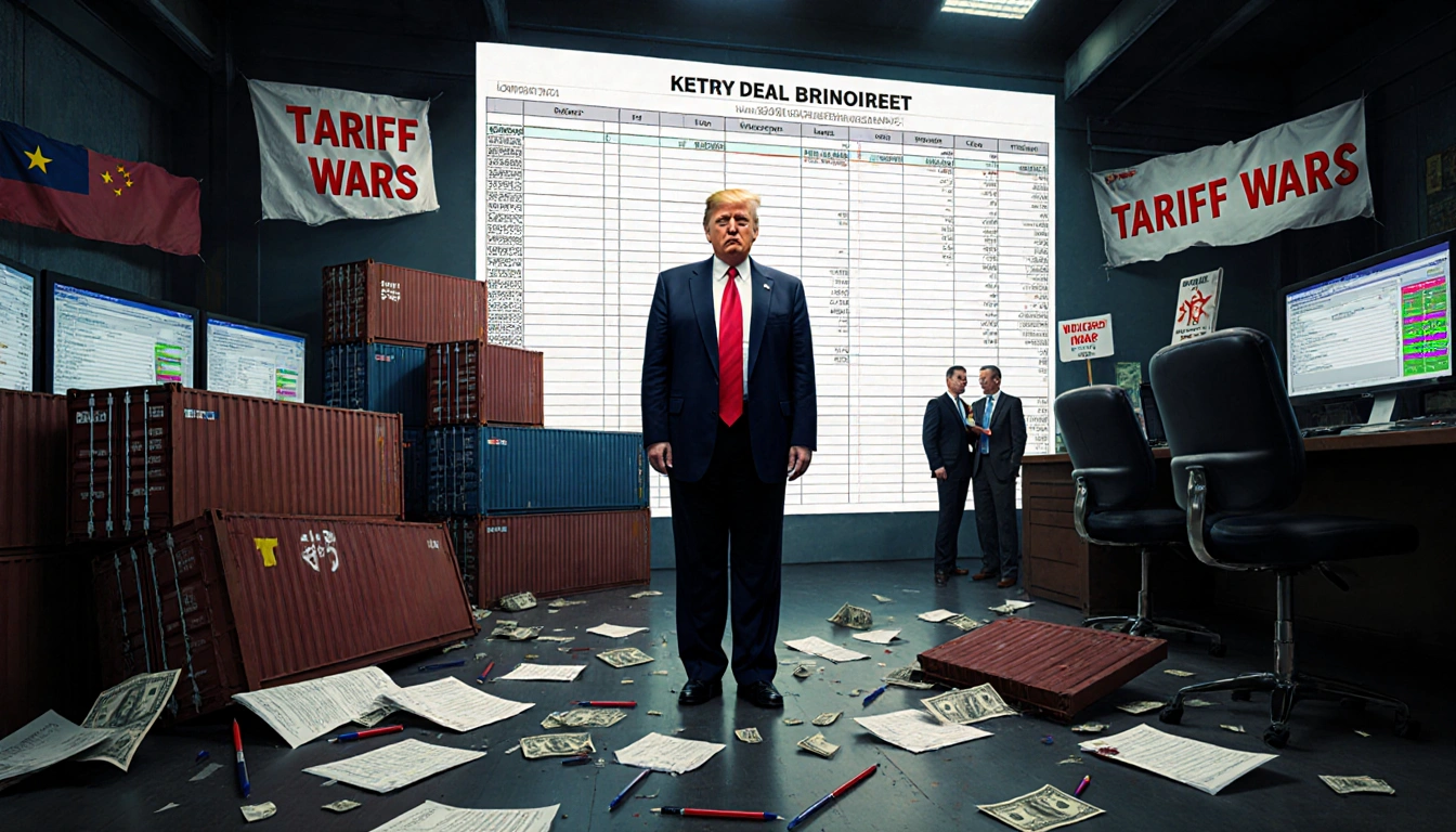 President Trump standing on trading floor with scattered papers while tariff banners hang and a trade deal spreadsheet looms