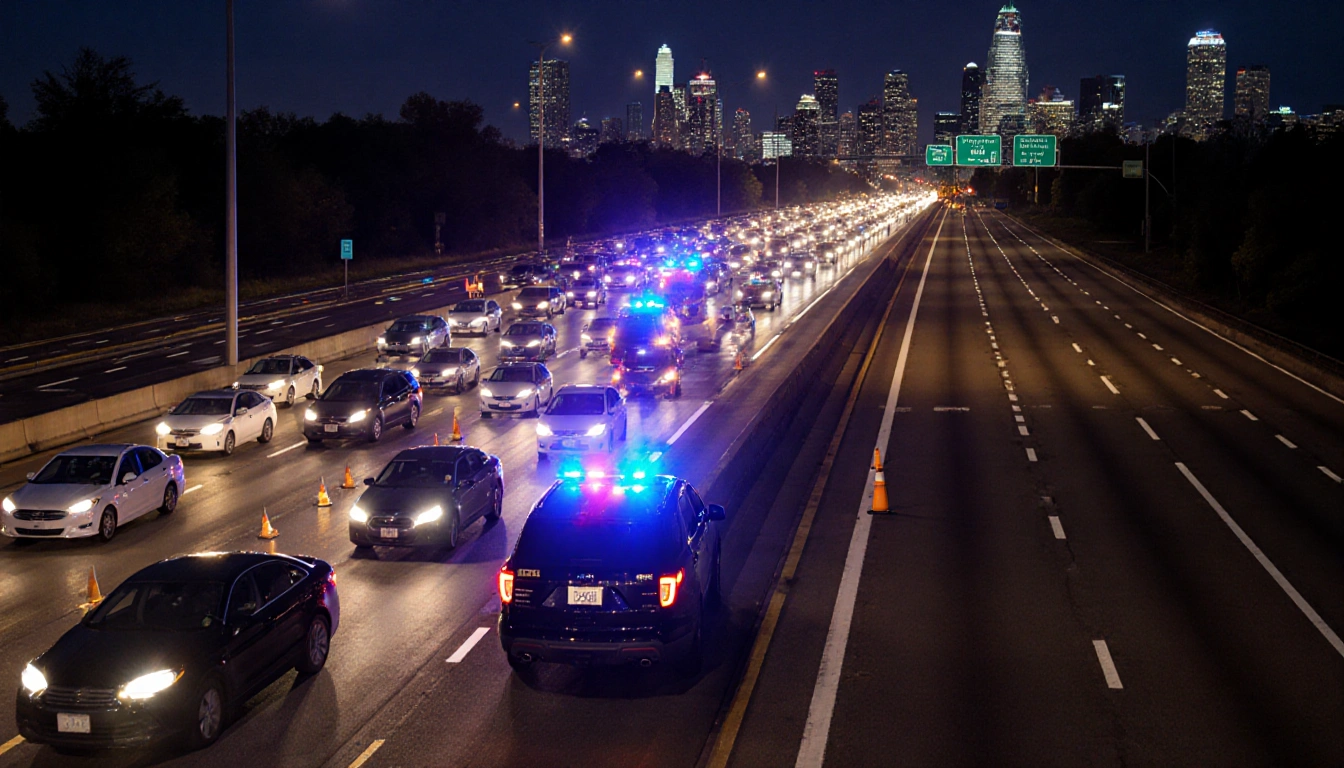 Traffic congestion stretches for miles with a lane closed and a police vehicle coordinating under a dark sky.