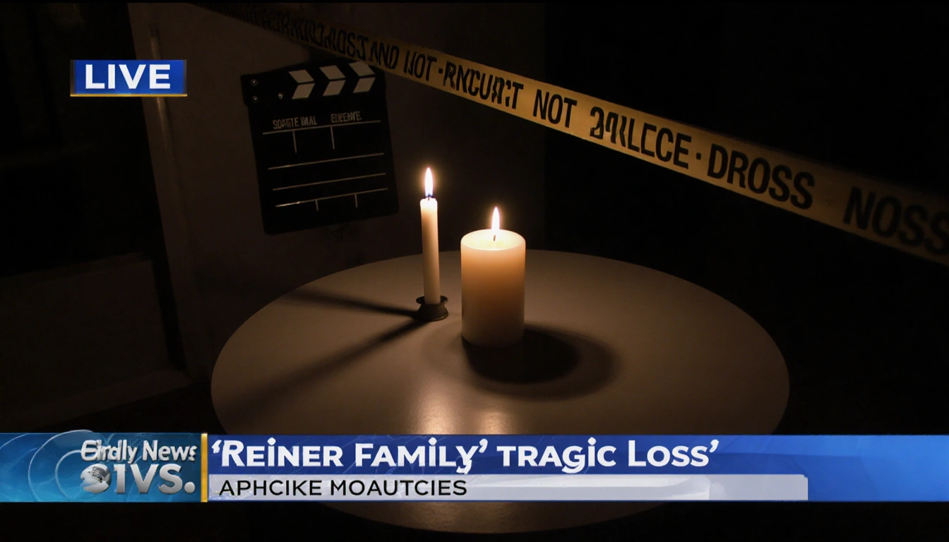 Candles flicker on table with police tape around and a TV showing a tragic headline.