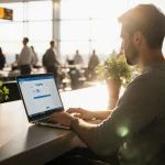 Traveler sits at airline counter using laptop with Flighty app glowing and natural light illuminating a calm green space.