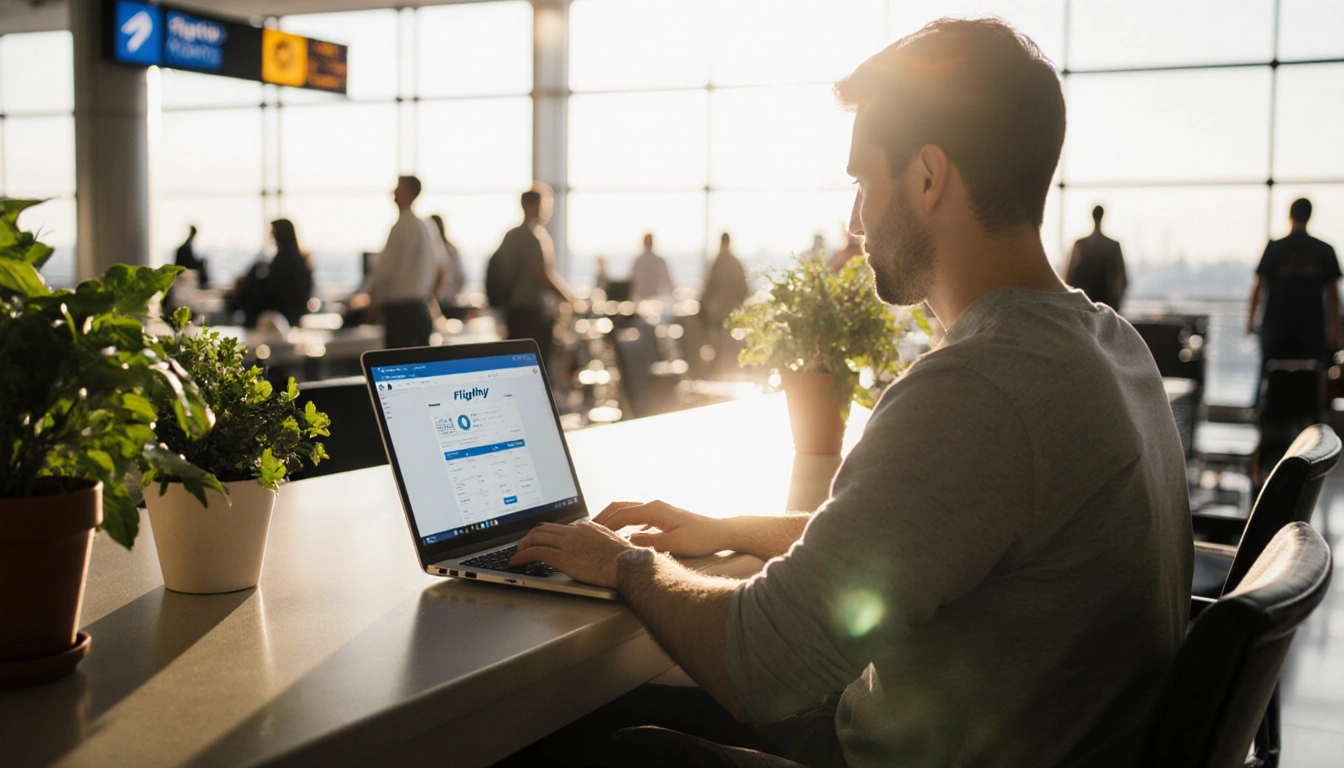Traveler sits at airline counter using laptop with Flighty app glowing and natural light illuminating a calm green space.