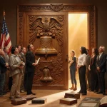 Wooden door with carved eagles opens as museum exhibit sign with diverse crowd gathering in warm golden light