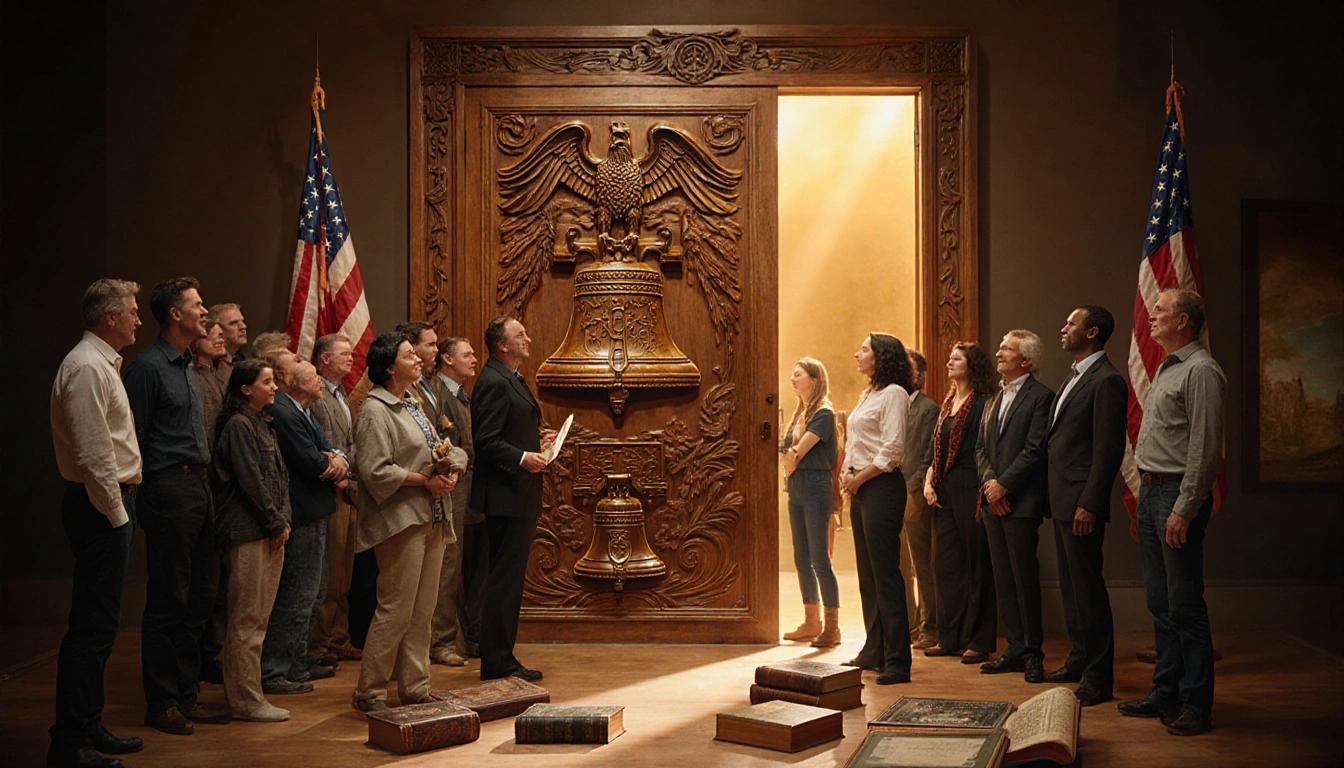 Wooden door with carved eagles opens as museum exhibit sign with diverse crowd gathering in warm golden light