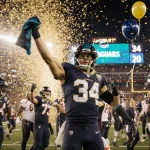 Trevor Lawrence raising his jersey in the end zone with confetti and a scoreboard reading Jaguars 34 Broncos 20 football