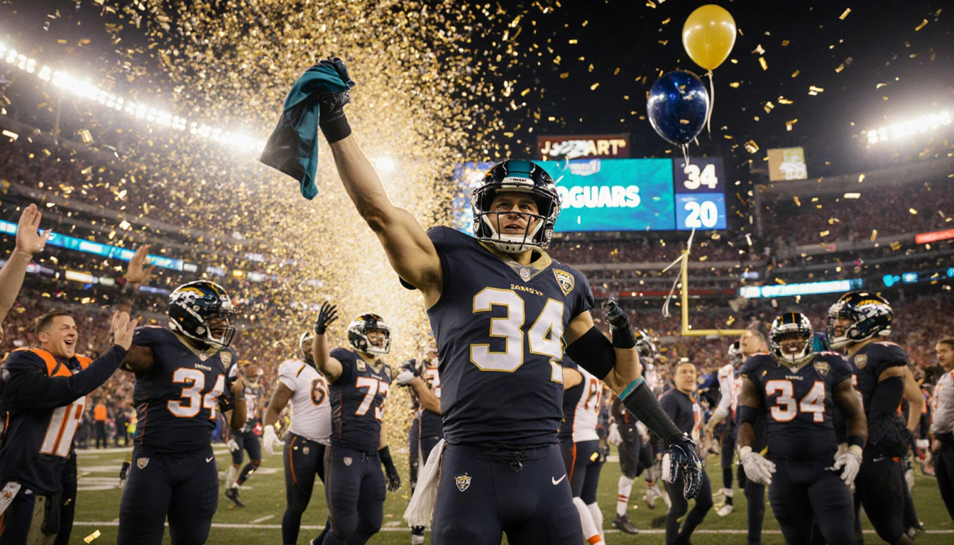 Trevor Lawrence raising his jersey in the end zone with confetti and a scoreboard reading Jaguars 34 Broncos 20 football