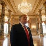 President Trump standing in a lavish partially completed ballroom with opulence and warm golden light
