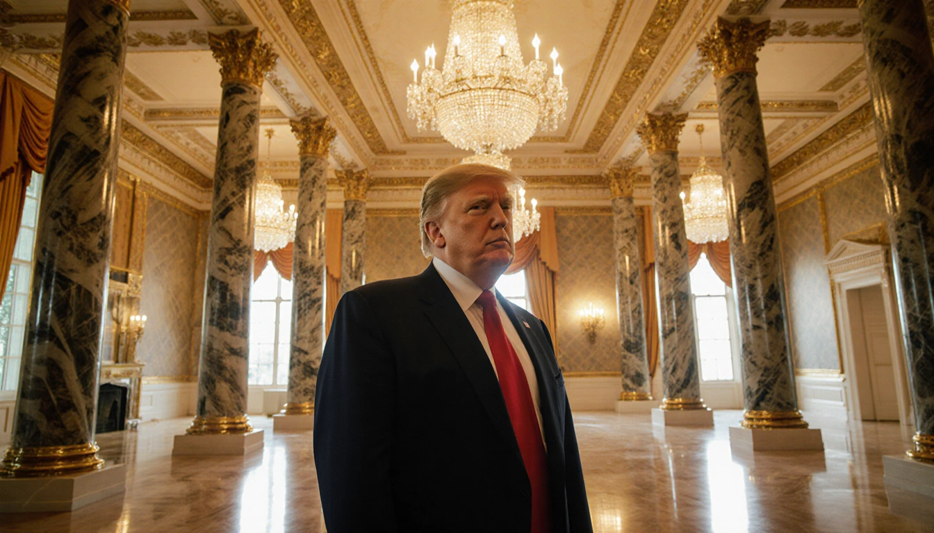 President Trump standing in a lavish partially completed ballroom with opulence and warm golden light