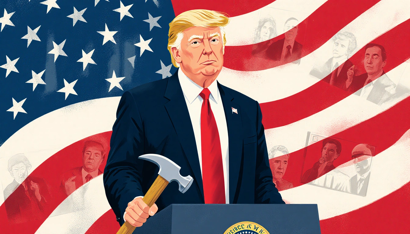 President Trump standing with determination next to American flag backdrop holding a hammer with red white blue accents.