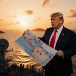 President Trump holds a map with red strike markers and a radar dish on a naval ship deck with sunset over Caribbean Sea