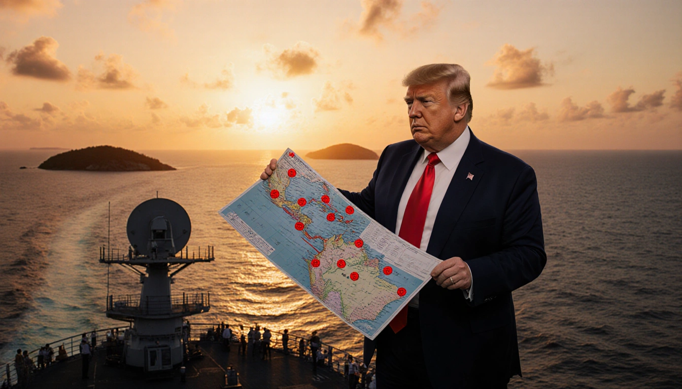 President Trump holds a map with red strike markers and a radar dish on a naval ship deck with sunset over Caribbean Sea