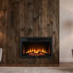 TS25 Smart Electric Fireplace glowing warmly with rustic wooden wall and plush armchairs creating a cozy living room