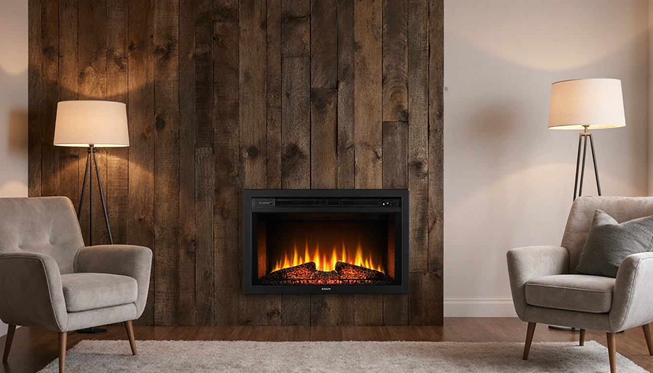 TS25 Smart Electric Fireplace glowing warmly with rustic wooden wall and plush armchairs creating a cozy living room