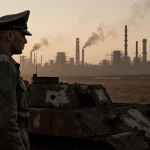 Soldier gazing at rusted tank with war ruins and dawn light in background