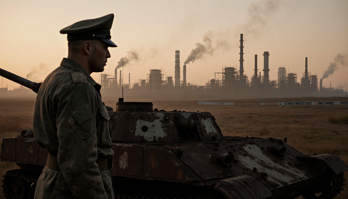 Soldier gazing at rusted tank with war ruins and dawn light in background