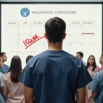 Medical professional stands with large screen showing CDC logo and vaccination schedule with red pen mark