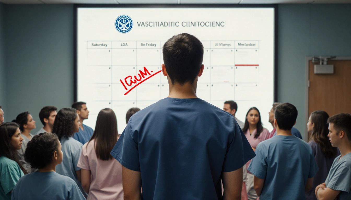 Medical professional stands with large screen showing CDC logo and vaccination schedule with red pen mark